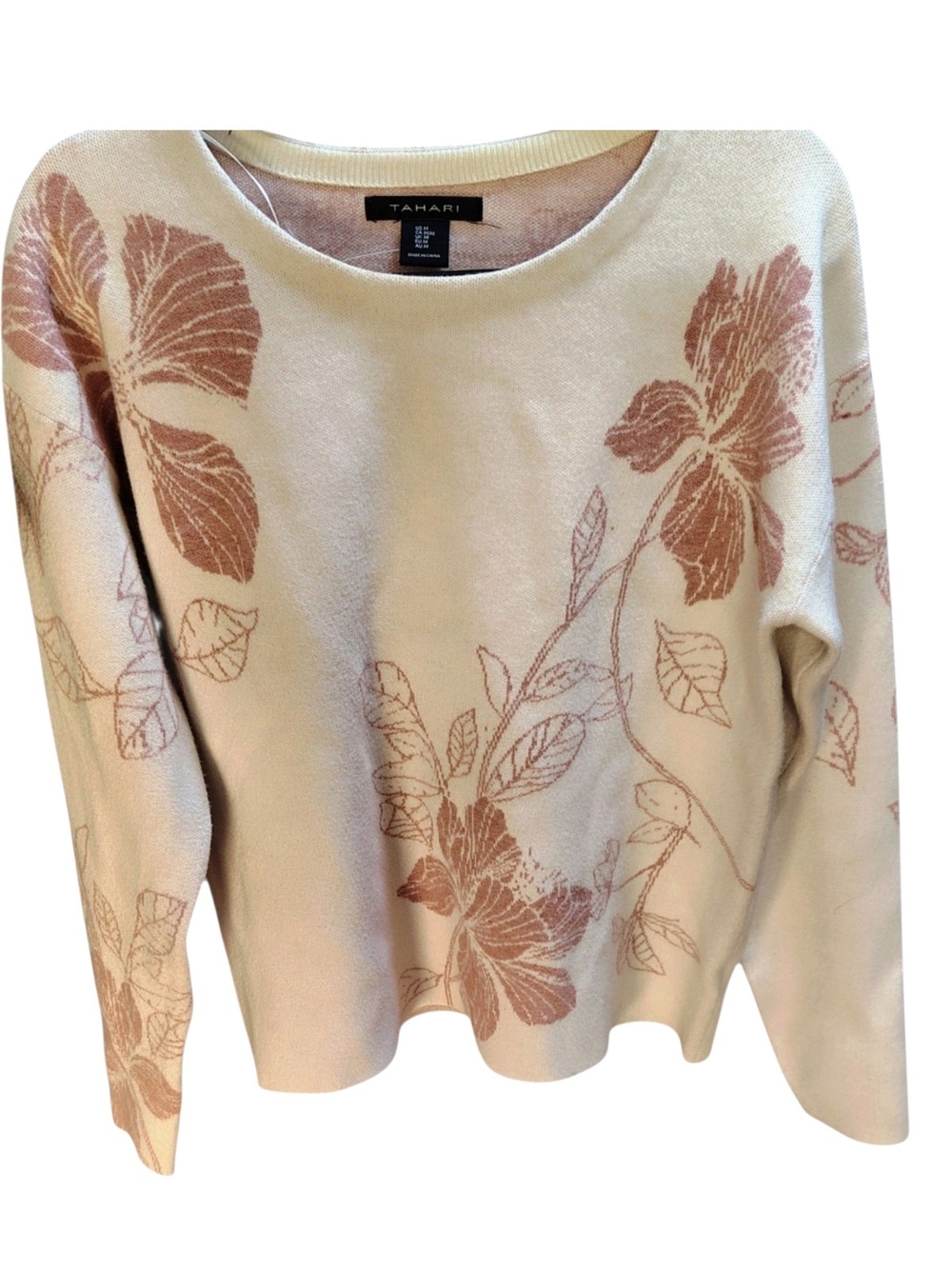 Tahari Cream Crewneck Sweater with Dusty Pink Floral Print